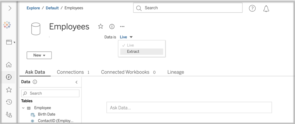 Data sources page showing the extract option in the menu