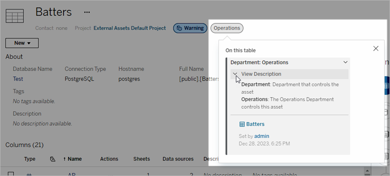 Label with custom category appearing on table page