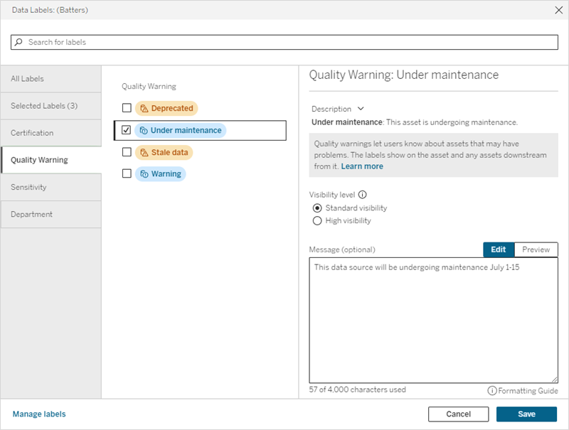 Data Labels dialog with Quality Warning tab selected