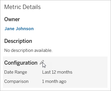 Metrics configuration section on mouse over