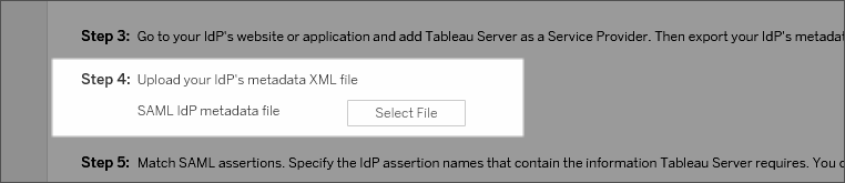 Screen shot highlighting the area of the TSM UI where you upload SAML IDP metadata