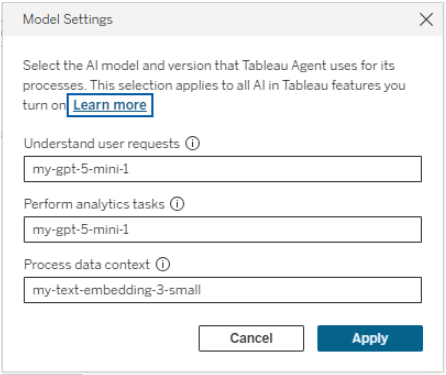 Model settings dialog for Tableau Server.