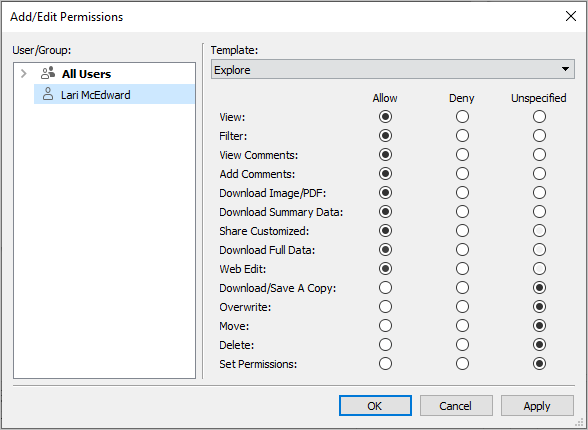 Cuadro de diálogo Agregar/Editar permisos que aparece al publicar desde Tableau Desktop