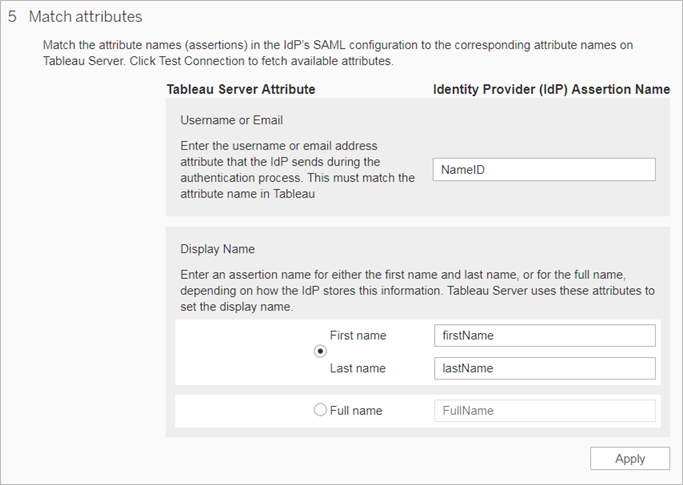Captura de pantalla del paso 5 para configurar SAML de sitio para Tableau Server: atributos coincidentes