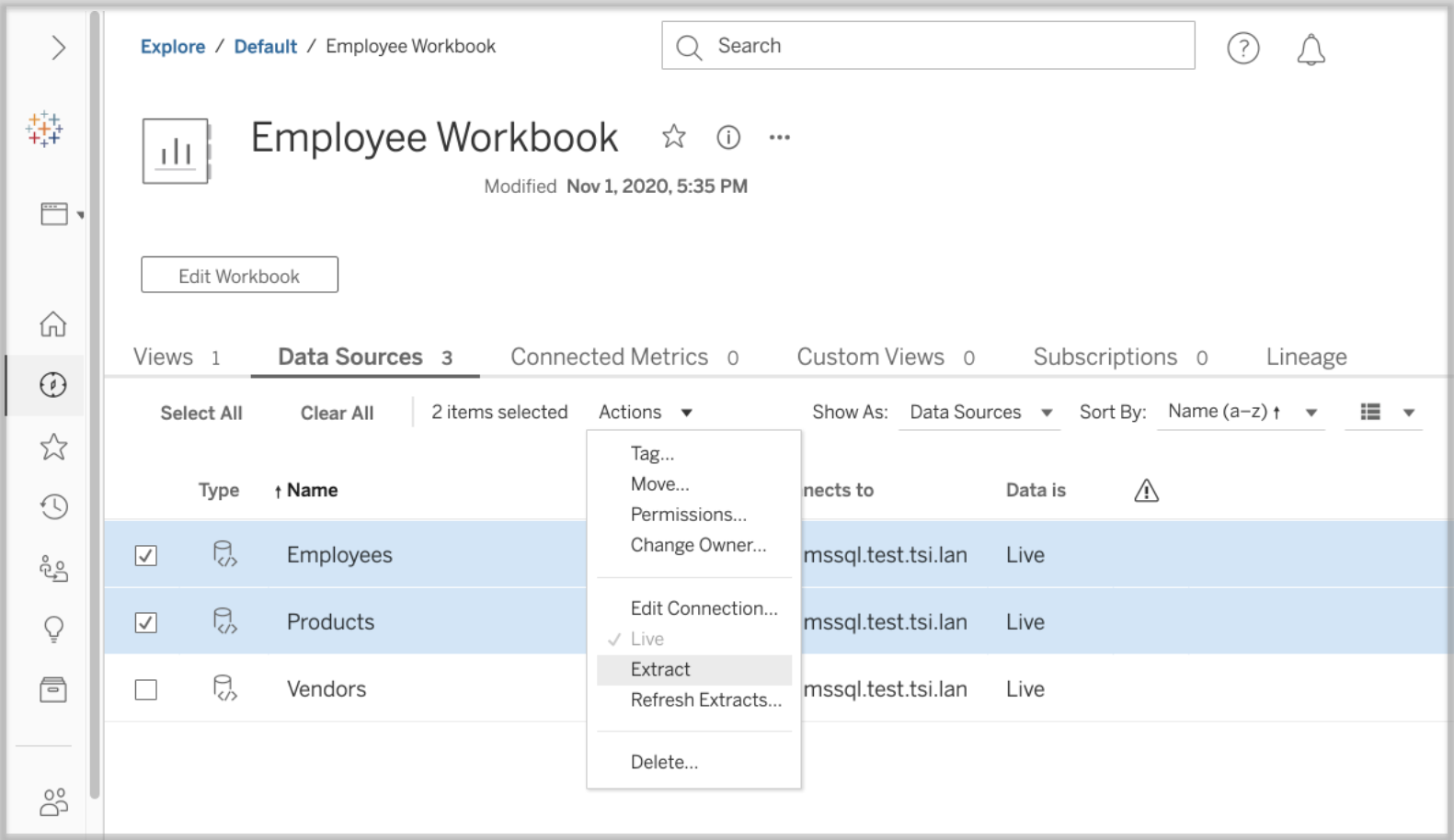 Option Extrait dans le menu Actions du volet Sources de données