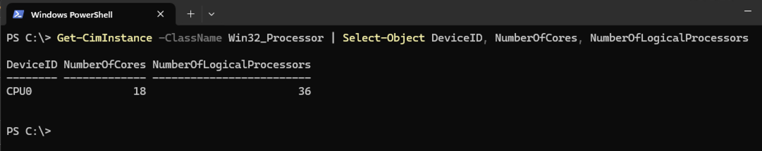 Finestra del prompt dei comandi che visualizza l’ID del dispositivo e il numero di core della CPU di un computer.