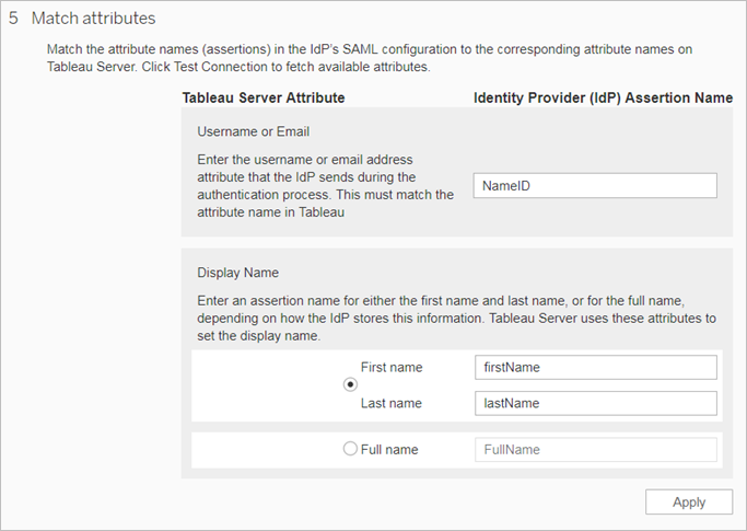 Tableau Server のサイト SAML を構成するためのステップ 5 のスクリーンショット - 一致する属性