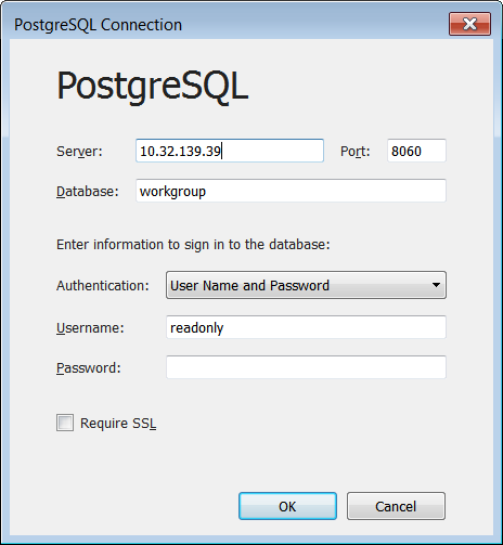 In het dialoogvenster PostgreSQL-verbinding worden velden weergegeven waarin u het serveradres, de gebruikersnaam en het wachtwoord kunt invoeren.