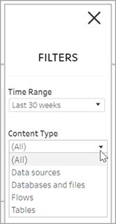 Um menu de filtro com opções para intervalo de tempo e tipo de conteúdo