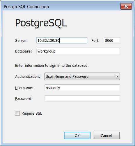 กล่องโต้ตอบการเชื่อมต่อ PostgreSQL จะแสดงฟิลด์ที่คุณสามารถป้อนที่อยู่เซิร์ฟเวอร์ ชื่อผู้ใช้ และรหัสผ่านได้