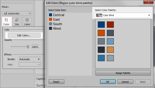 Edit colors dialog with the Color Blind palette selected.