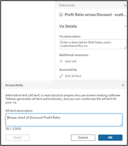 Edit alt text dialog box accessed through the Data Guide.