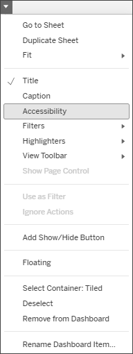 A viz context menu accessed on a dashboard with the Accessibility menu item selected.