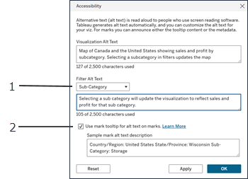 Accessibility dialog box with callouts for adding alt text for filters (1) and using mark tooltips for alt text on marks (2).