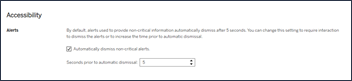 Tableau Cloud のアクセシビリティ設定により、ユーザーは重要でないアラートを自動的に解除しないように選択することができます。