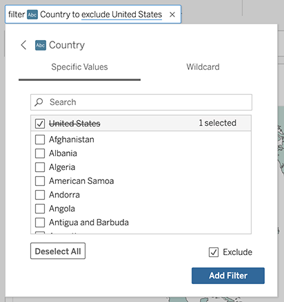 Ask Data filter adjustment shown with a country value excluded.