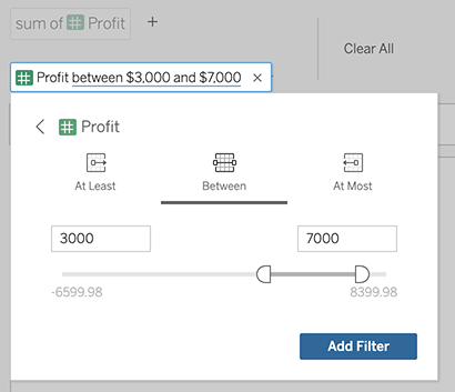 Ask Data filter adjustment shown with the profit range adjustment options.
