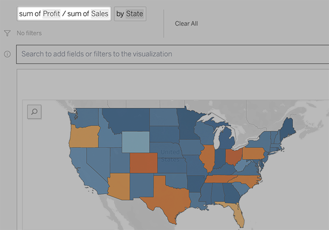 A viz with the Ask Data calculations option highlighted showing an equation where the sum of profit is divided by the sum of sales.