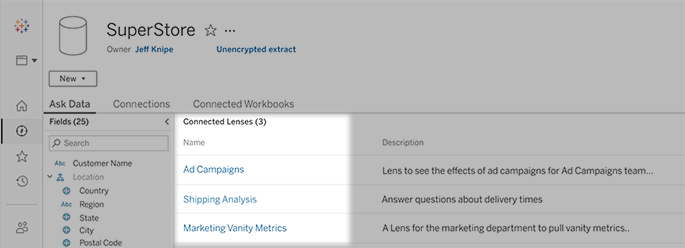 The Super Store data source page displays with three connected lense options highlighted.