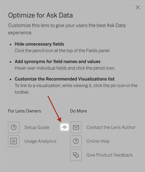 Optimize for Ask Data dialog with the eye icon highlighted to shown the option to show or hide the option to contact the lens author.