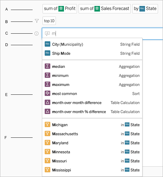 The Ask Data UI for search, with the autofill dropdown showing