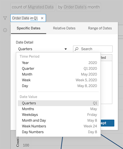 A date filter dialog for specific dates. 