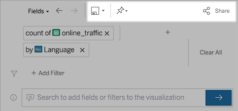 Save, Pin, and Share options highlighted in the Ask Data toolbar.