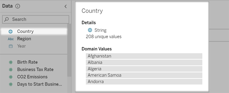 Viz with Country string highlighted in the side pane and Country details shown, including the number of unique country values and a list of country names.