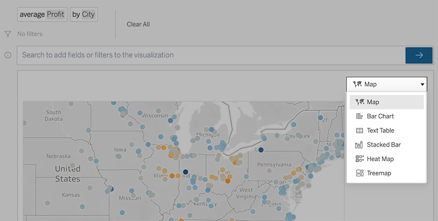 A viz of a map of the United States displays average profit per city, and a dropdown menu is highlighted to show the following options for changing the viz type: map, bar chart, text table, stacked bar, heat map, and treemap.