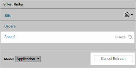 A Tableau Bridge window with options for site, orders, and mode.