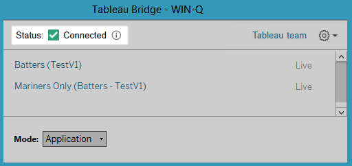 A Tableau Bridge window displays a connection status of "Connected," with options for "Batters (TestV1)" and "Mariners Only (Batters—TestV1)."