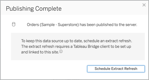 A dialog box confirms successful data publishing and prompts you to schedule an extract refresh.