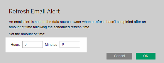 A refresh email alert dialog box with options to set the time delay for a refresh.