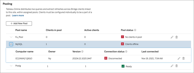 Pooling dialog with option to add new pool and table with Pool name, clients in pool, active clients, and pool status. 