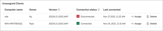 A table displays unassigned clients, including computer name, owner, version, connection status, and last connected date.
