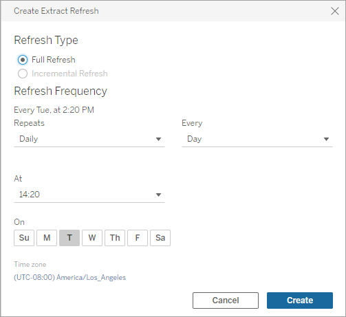 A create extract dialog box with option to select the refresh type, frequency, and time zone.