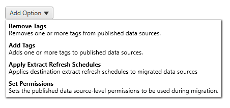 A dropdown menu to add or remove tags, apply extract refresh schedules, or set permissions.