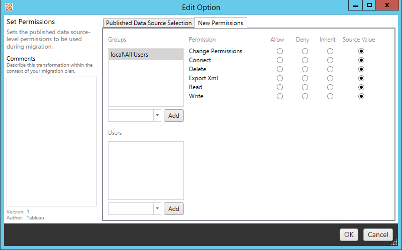 A dialog to set published data source-level permissions.