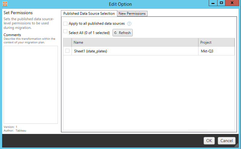 A dialog to set published data source-level permissions.