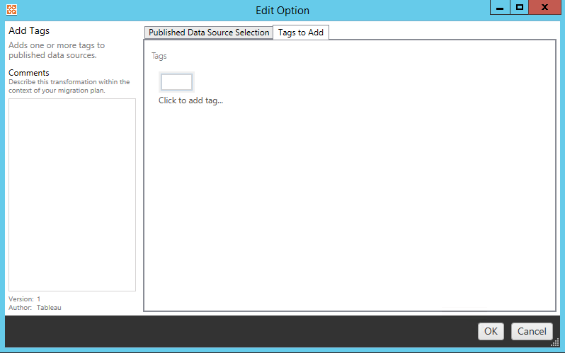 A dialog to add tags to published data sources.