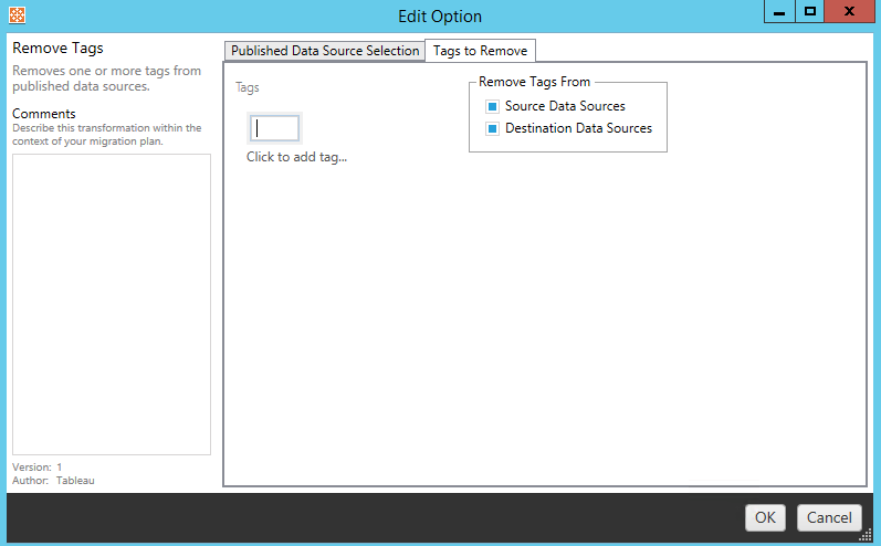 A dialog to remove tags from published data sources.