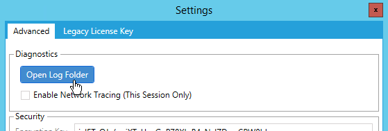 A cursor hovers over the blue button labeled “Open Log Folder”.