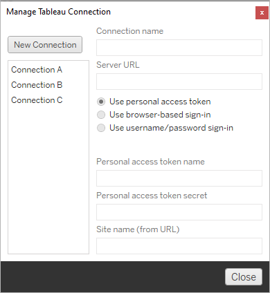 A Tableau connection management window with options for personal access tokens, browser-based sign-in, and username and password sign-in.