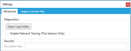 Settings menu with options for legacy license key, diagnostics, and security encryption key.