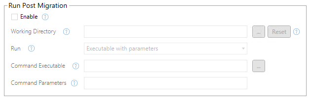 Interface for configuring post-migration scripts with fields for executable and parameters.