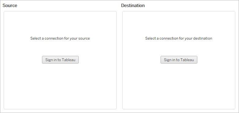 Dual-panel interface for selecting source and destination connections in Tableau.