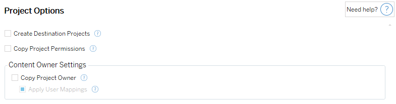 Options menu for project creation and user mapping application in a migration project.