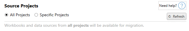 Interface for selecting all projects for migration with a refresh option.