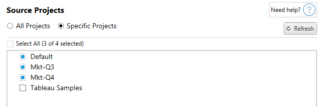 Project selection interface with options to select specific projects for migration.
