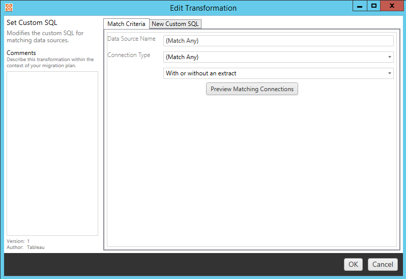 Custom SQL setting interface for data source transformations.